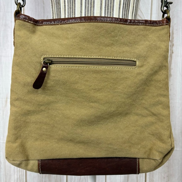 Myra Leather Shoulder Purse Tooled Leather Canvas Crossbody Pocketbook Brown - Picture 6 of 16